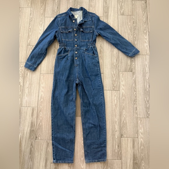 a.n.a|Jean long sleeve full length jumpsuit,Dark Denim,button down•cinched waist - Picture 2 of 12